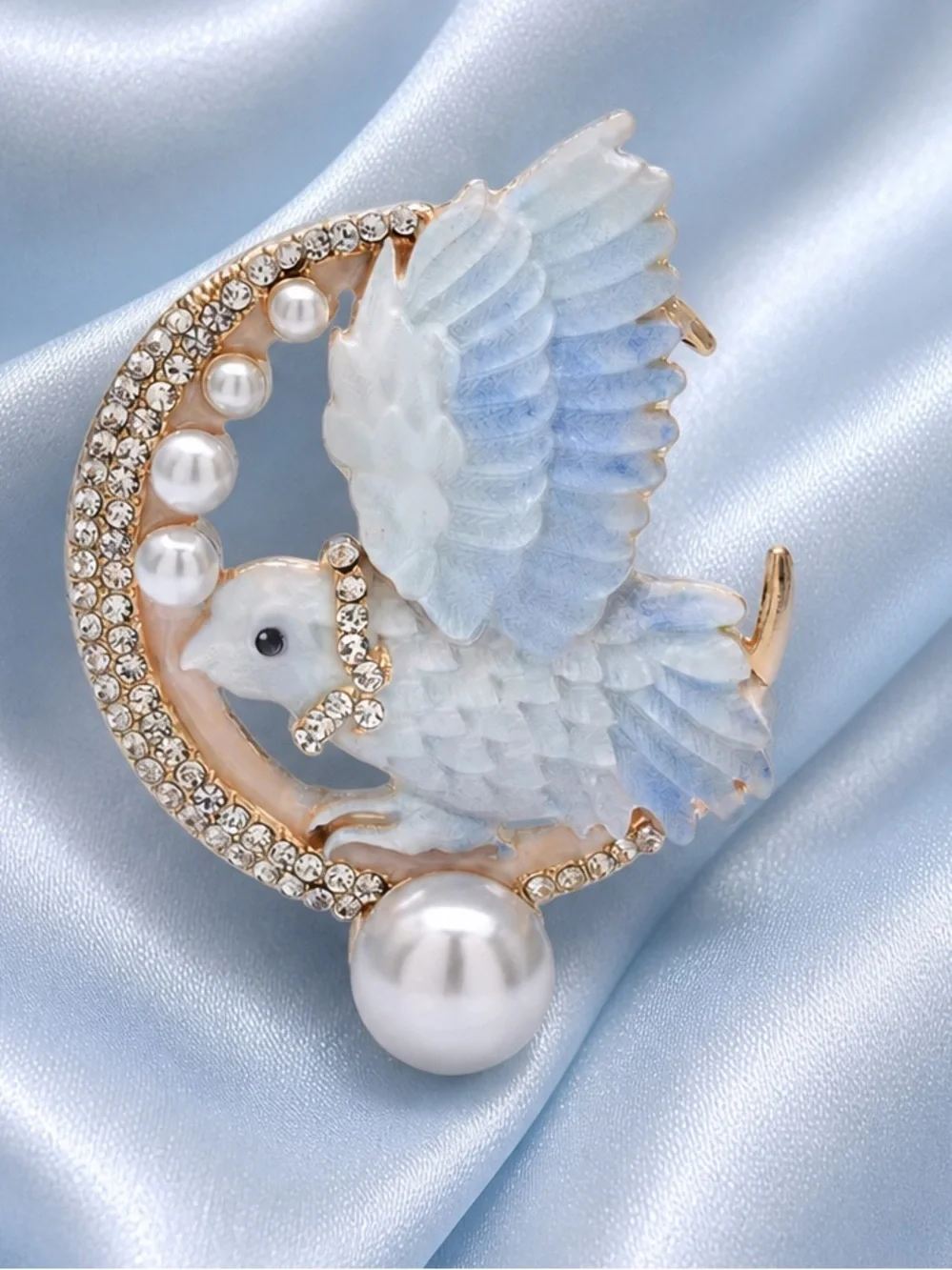 Celestial Blue Bird Pearl Gold Crystal Brooch